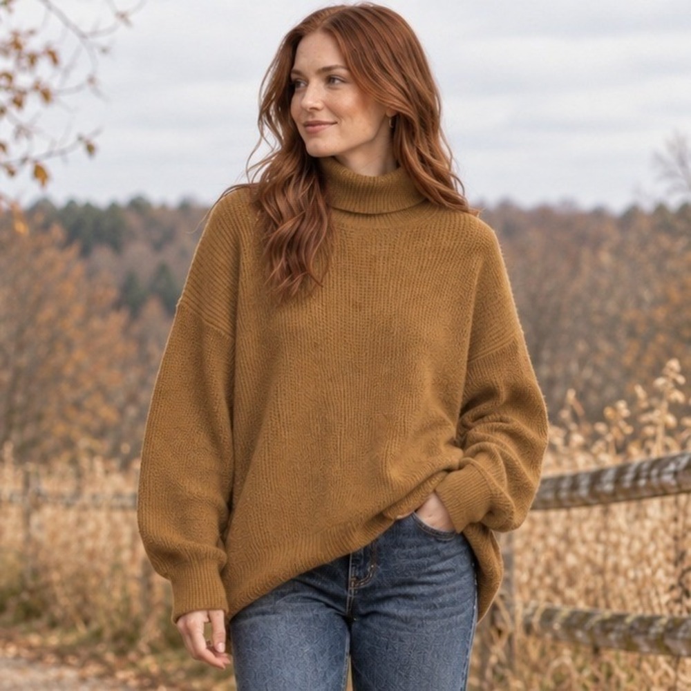 J. Crew Womens Cotton Cashmere Turtleneck M Brown Oversized Ribbed Sweater Knit